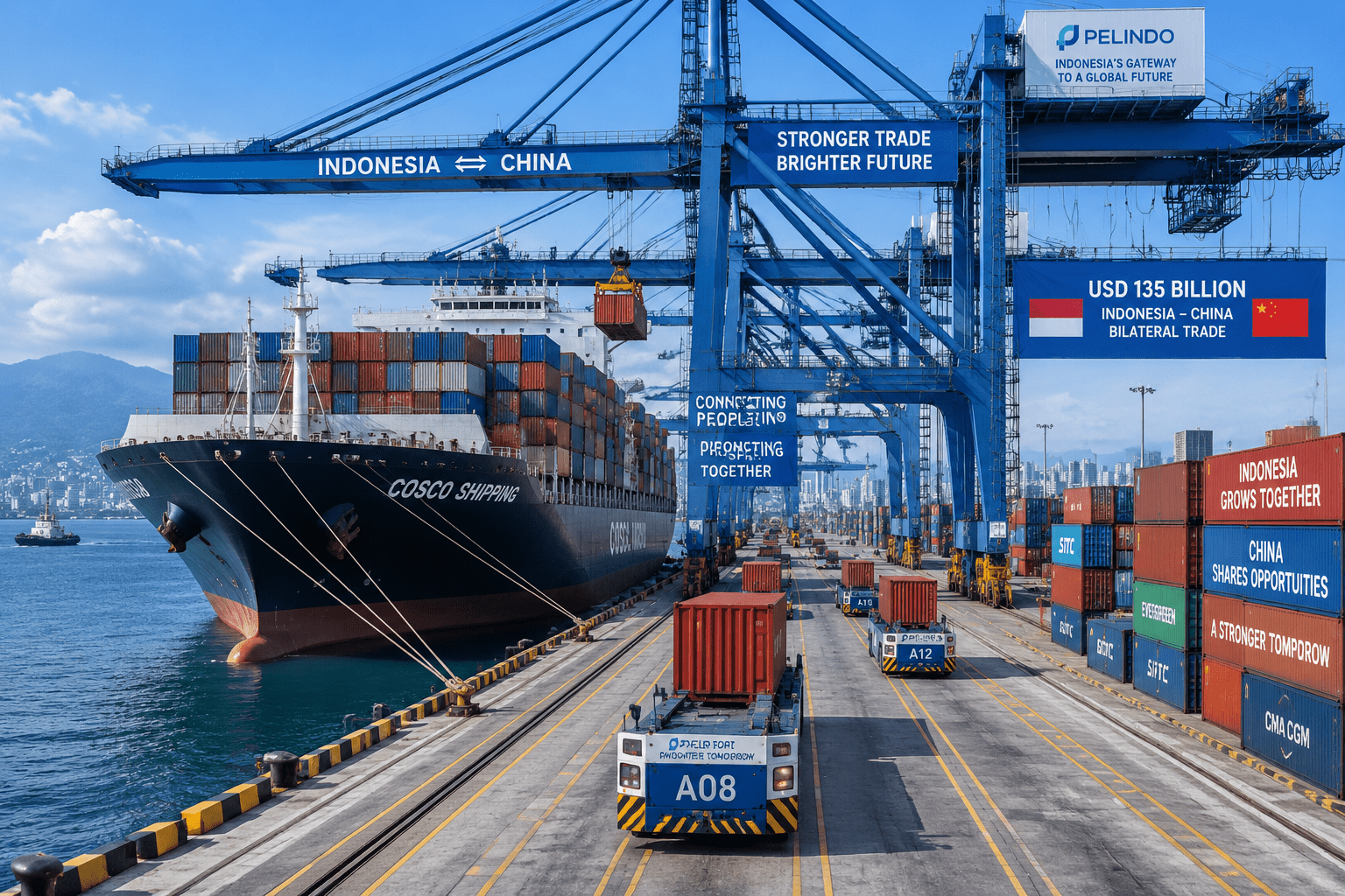 Investasi Fuzhou Rp36,4 Triliun via 16 MoU: Ini Progresnya 3 Kapal kontainer raksasa di pelabuhan industri melambangkan perdagangan bilateral Indonesia-Tiongkok bernilai ratusan miliar dolar.