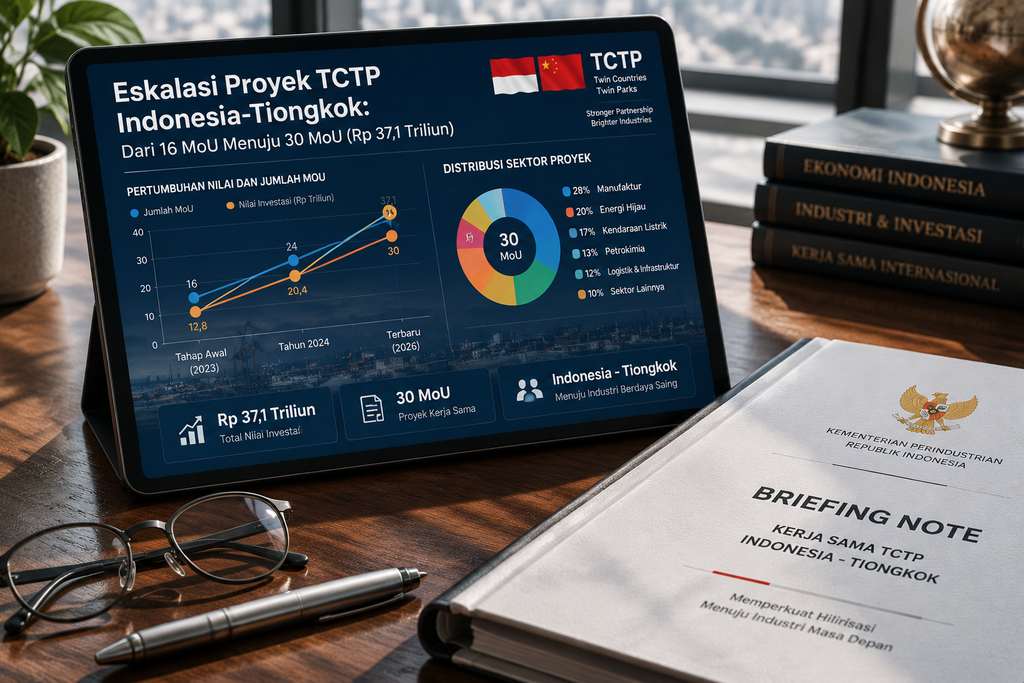 Investasi Fuzhou Rp36,4 Triliun via 16 MoU: Ini Progresnya 6 Tablet menampilkan grafik infografik perkembangan proyek TCTP dari 16 MoU menjadi 30 MoU senilai Rp37,1 triliun.