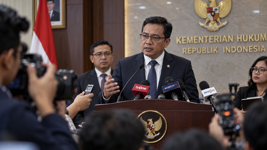 Pejabat kementerian hukum memberikan penjelasan resmi kepada jurnalis mengenai penerapan Pasal 188 dalam KUHP baru di atas podium.