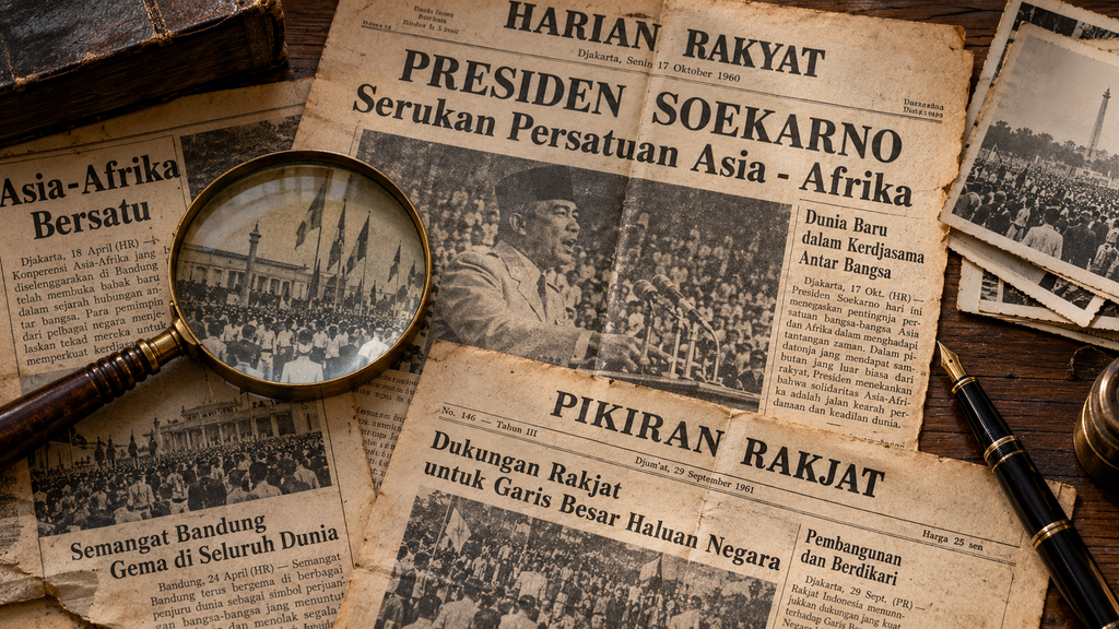 Tumpukan kliping koran kuno dari tahun 1960-an yang memberitakan gejolak politik dan keamanan di Indonesia pada masa transisi Orde Lama ke Orde Baru.