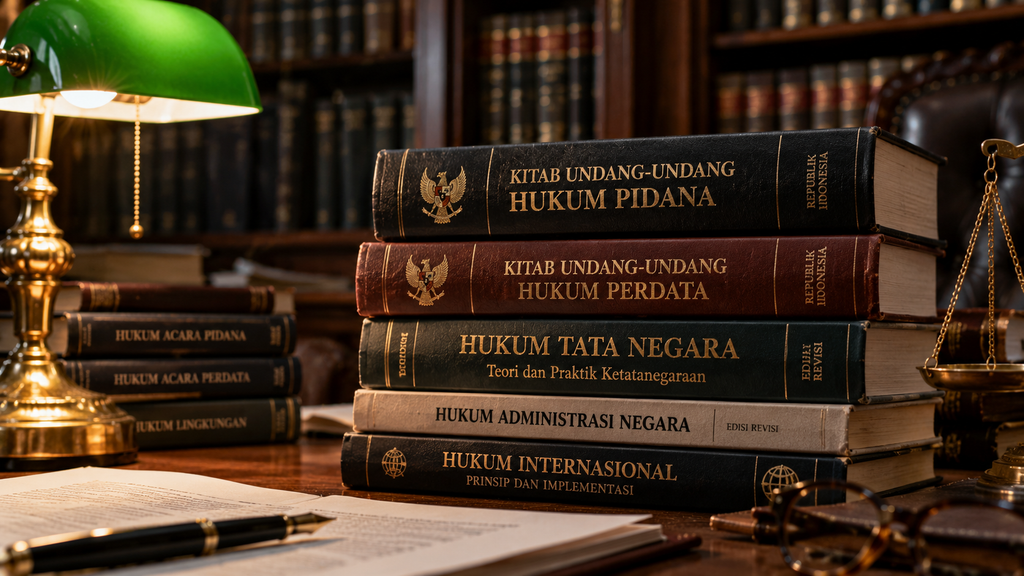 Tumpukan buku referensi tebal yang memuat Undang-Undang Dasar, KUHP, dan literatur hukum pidana di perpustakaan fakultas hukum.