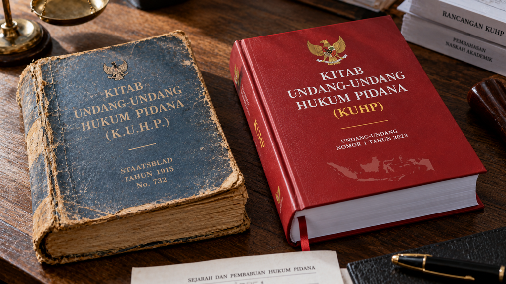 Dua buku hukum yang terbuka berdampingan untuk membandingkan draf pasal-pasal dalam KUHP peninggalan Belanda dengan UU Nomor 1 Tahun 2023.