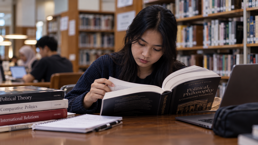 Seorang mahasiswa ilmu politik sedang membaca buku referensi filsafat politik secara mendalam di perpustakaan universitas sebagai bentuk kajian ilmiah.
