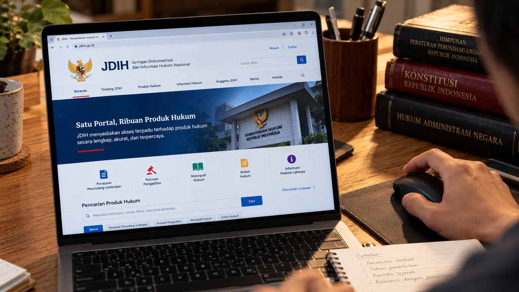 Jurnalis menelaah batasan hukum dengan membaca salinan resmi undang-undang di layar laptop sebelum mempublikasikan artikel edukasi sejarah.